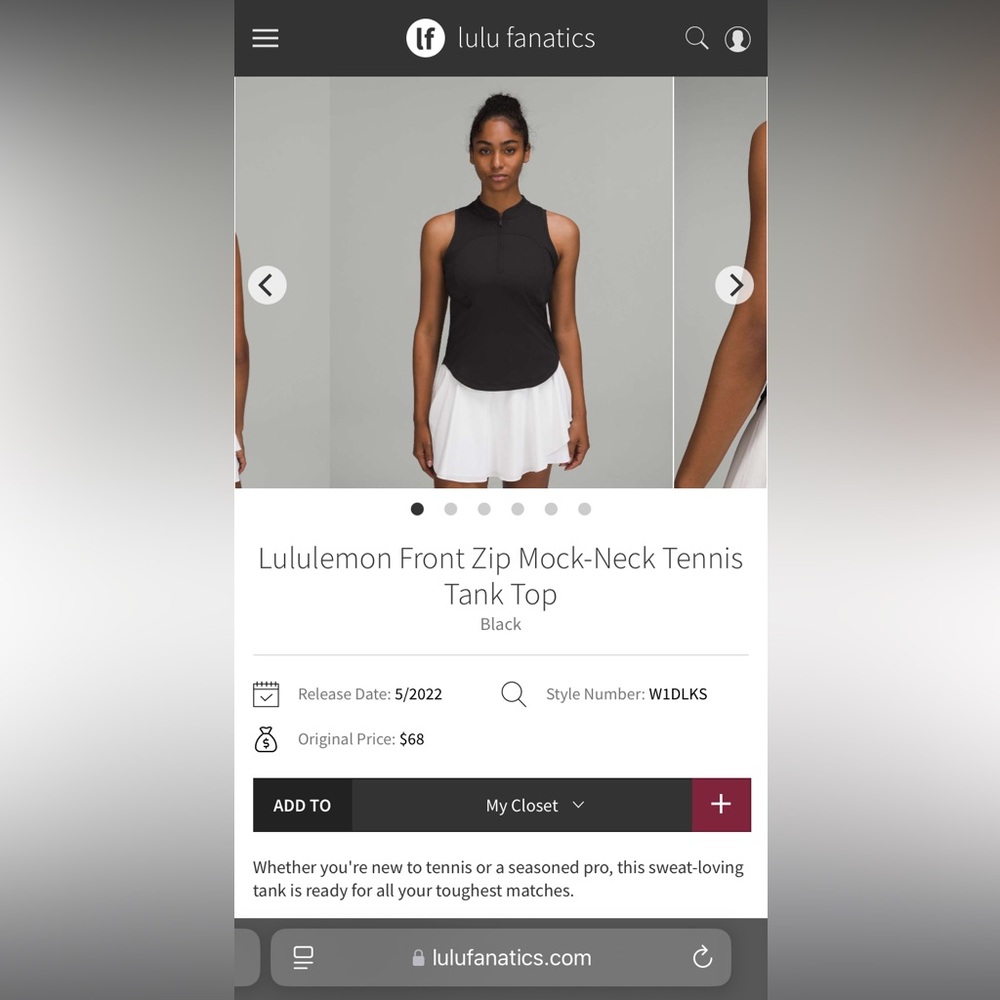 NWT Lululemon Front Zip Mock-Neck Tennis Tank Top
Black